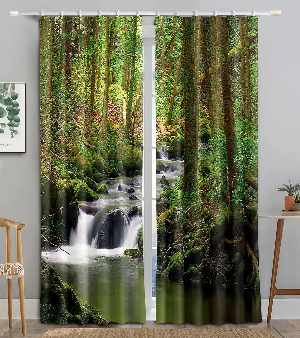 3D Waterfall Natural Scenery Landscape Thin Window Curtains For Living Room Kitchen Bedroom Left and Right Biparting Open