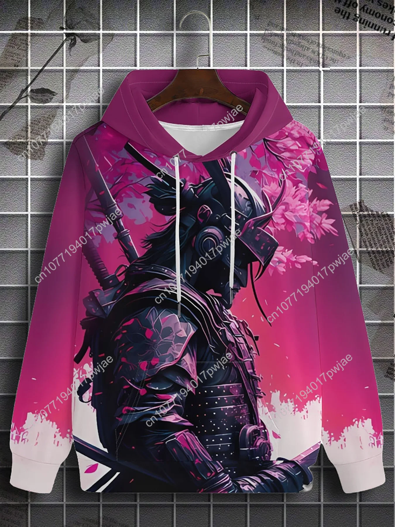 Elegante felpa con cappuccio da uomo con stampa 3D Samurai e fiori di ciliegio con tasca a marsupio - Pullover casual per la primavera e l'autunno, lavabile in lavatrice
