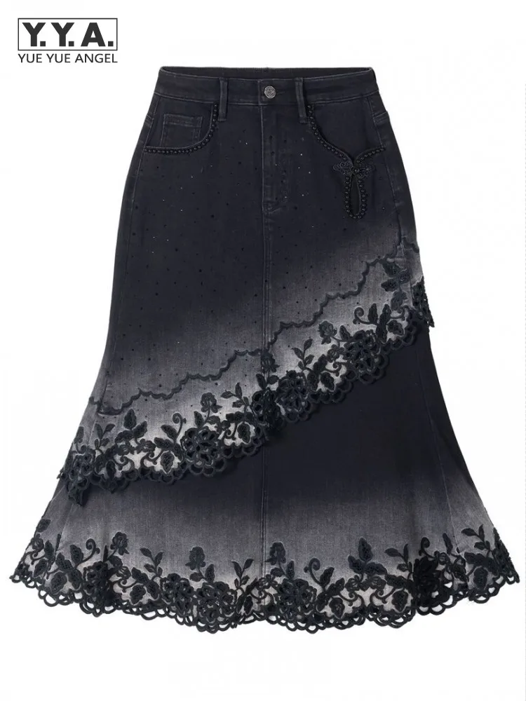 Fashion Designer Women Casual Spliced Hollowed Out Denim Embroidery A-Line Skirt Medium High Waist Elegant Lady Versatile Skirts