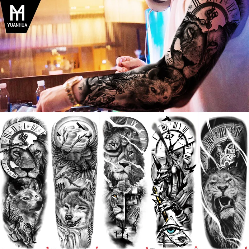 Full Arm Tattoo Sticker Jesus Virgin Crown Lion Waterproof Tattoo Sticker