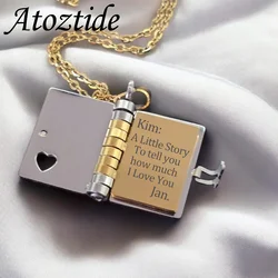 Atoztide Engrave Petite Book Locket Necklace Personalized Message Stainless Steel Jewelry Pendant for Women Chain Birthday Gift