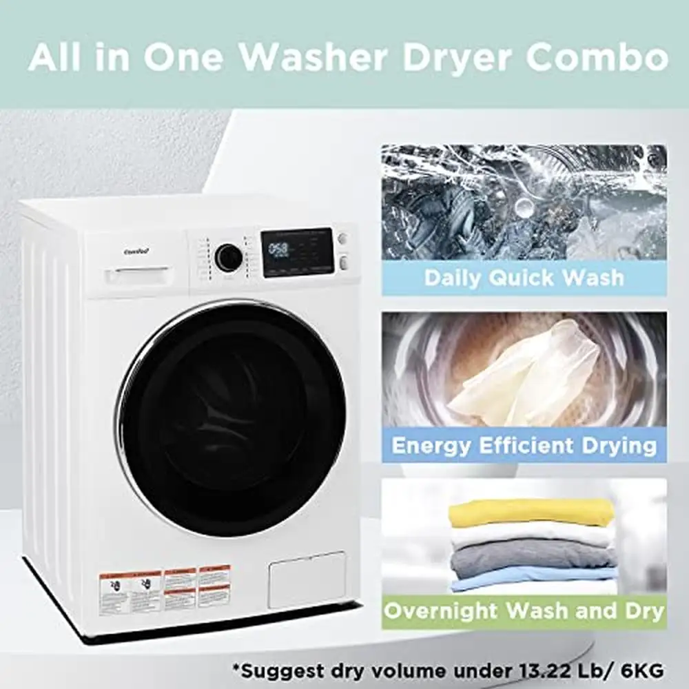 All-in-1 Ventless Washer Dryer Combo Steam Care Overnight Wash Front Load Energy Efficient 26/13 lbs Cap.