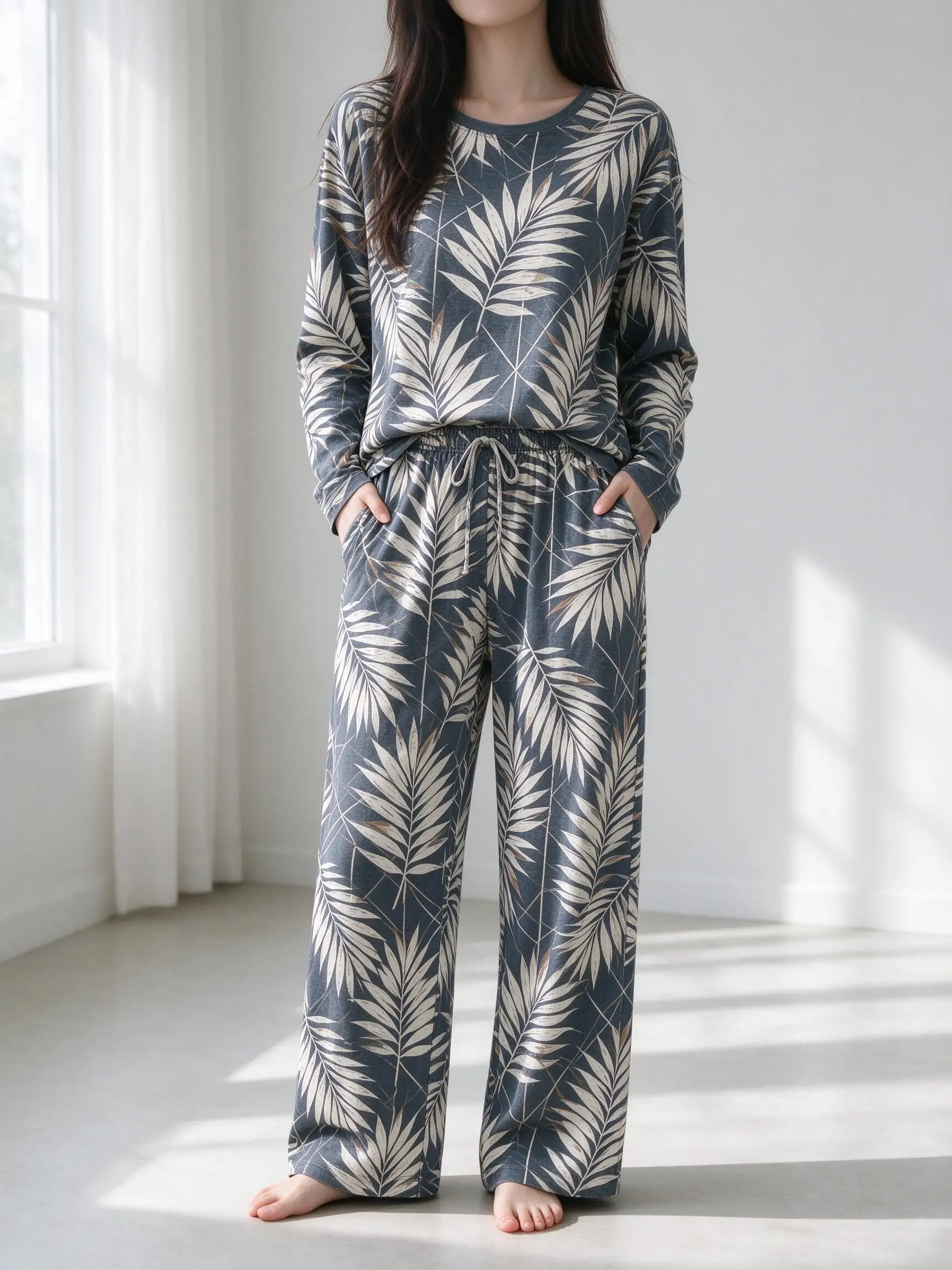 Women Imitation Cotton Pajama Set Cream Base Red Poppy Floral Print Round Neck Long Sleeve 2PCS Sleepwear Loungewear image 5