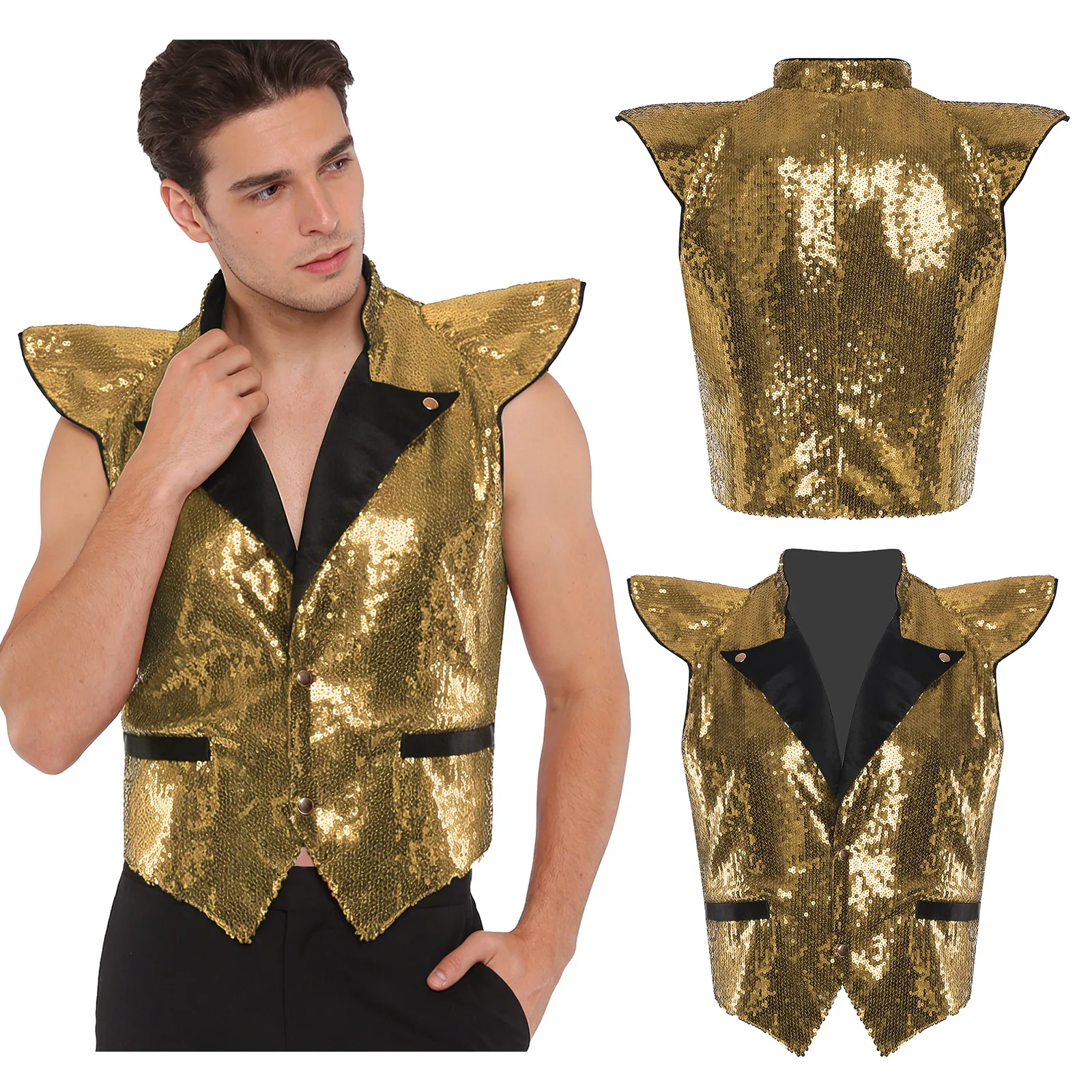 Męska brokatowa kamizelka do tańca jazzowego, cała w cekinach, z falbankowymi rękawami, klapami, dekoltem w serek, bez rękawów, w pełni podszyta, top na scenę lub do klubu.