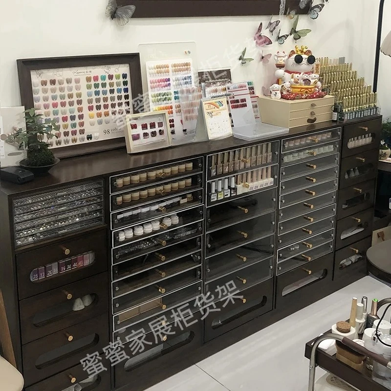 Solid Wood Vintage Style Nail Art Display Cabinet Nail Polish Storage Cabinet  Gel Nail Salon Storage Cabinet
