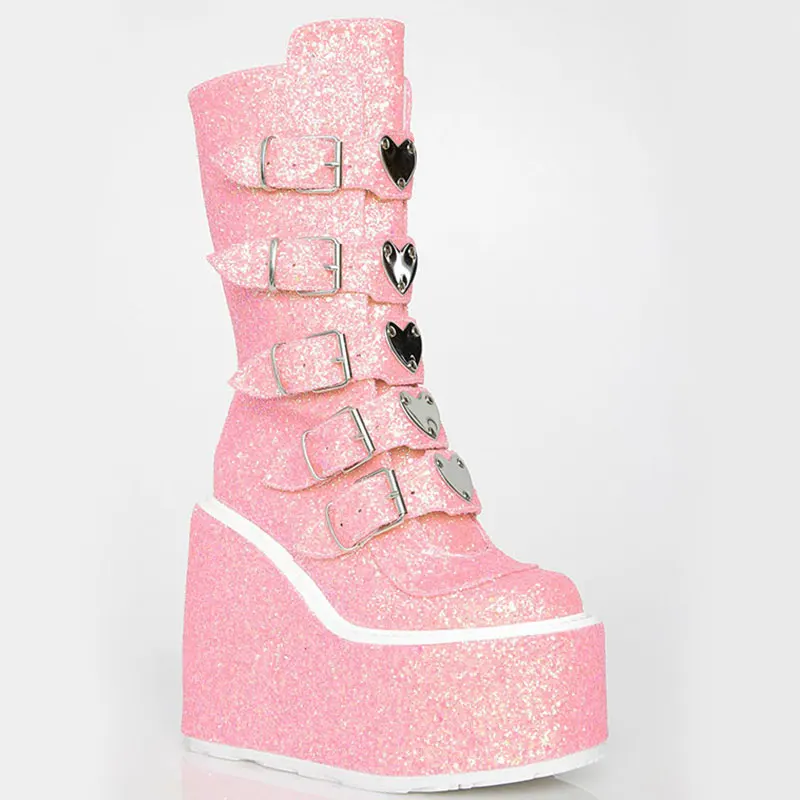 comemore Woman Shoes Buckles Big Size 43 Glittered Pink Chunky Platform Motorcycles Boots Fashion Gothic Punk Street Cool Wedges