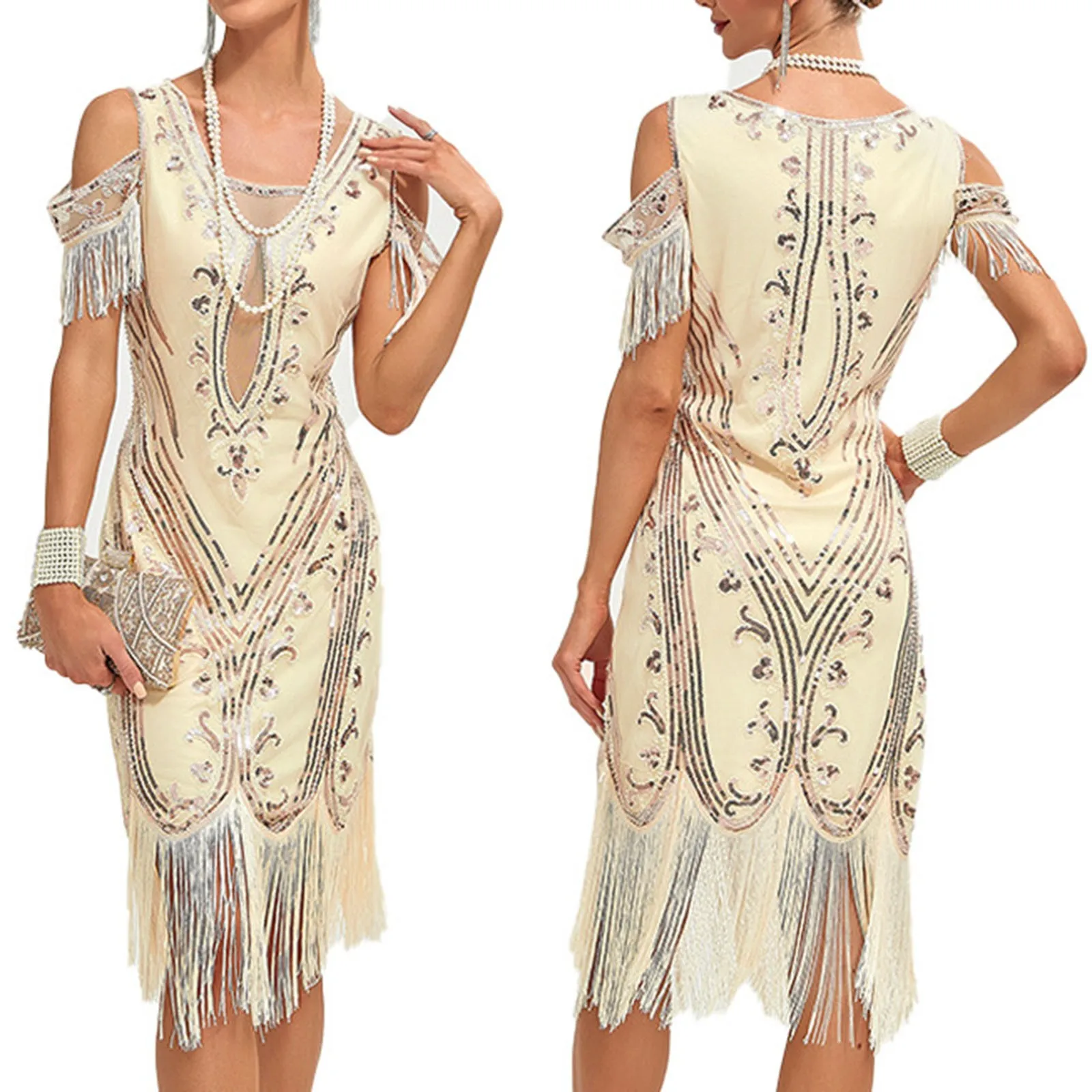 Vestido Vintage Flapper con borlas para mujer, disfraces del gran Gatsby, bordado, fiesta de cóctel, baile, lentejuelas, Sexy, Delgado, 1920s