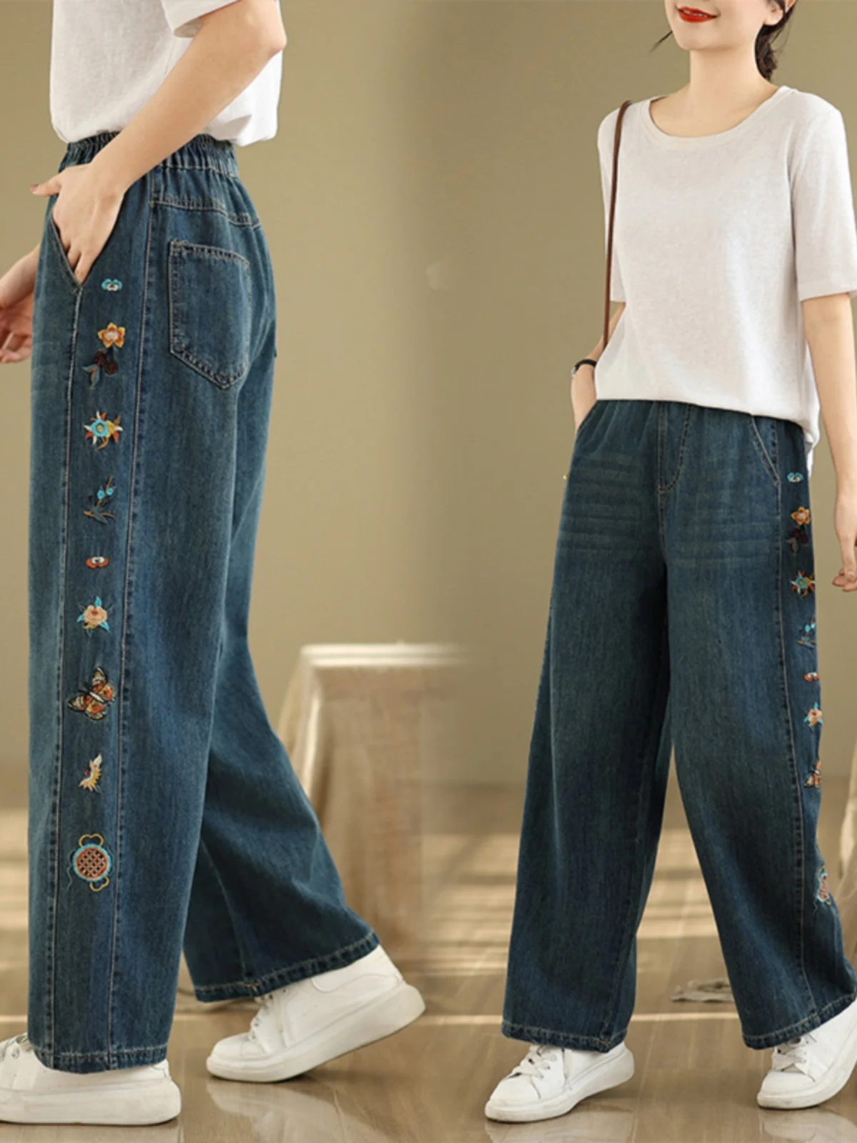 Retro bestickte Jeans Damen neue große Größe lose gerade Bein lange Hosen vielseitige elastische Taille Denim weite Beinhosen