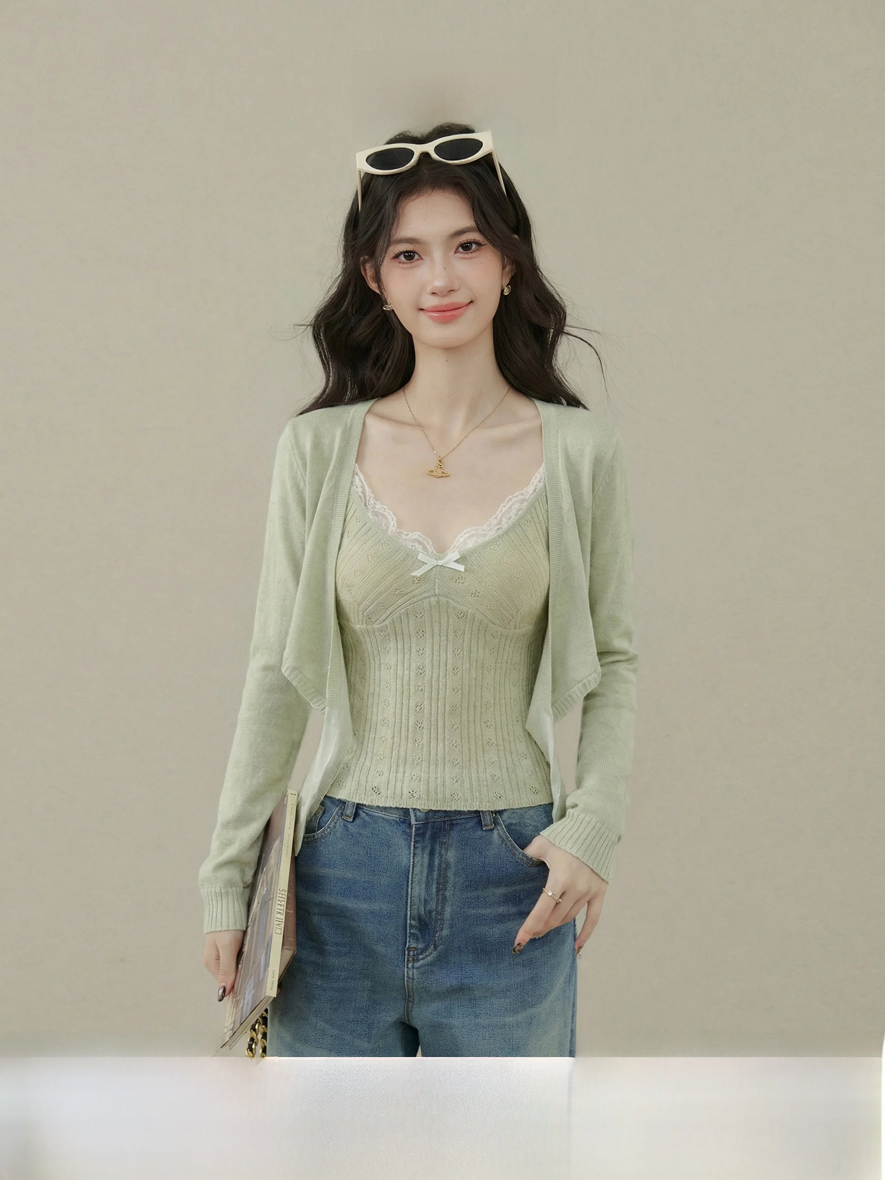 

Spring Flavorful Knitted Sweater Women's Green V-neck with Knot Long Sleeve Top And Skirt Two-piece Set Slim Fit Ca...