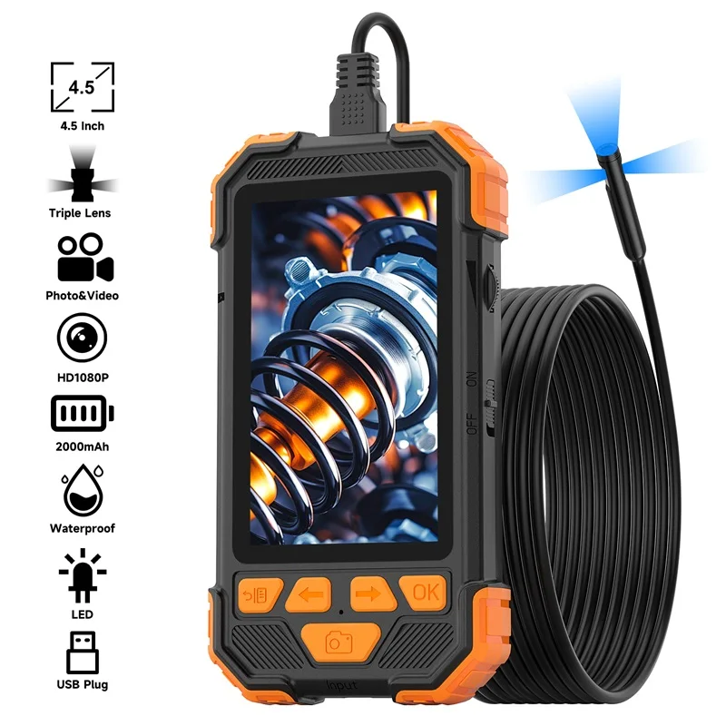 4.5 Inch IPS Screen Endoscope Camera HD1080P Single Dual Triple Lens USB Sewer Pipe Inspection Borescope Waterproof Record Video