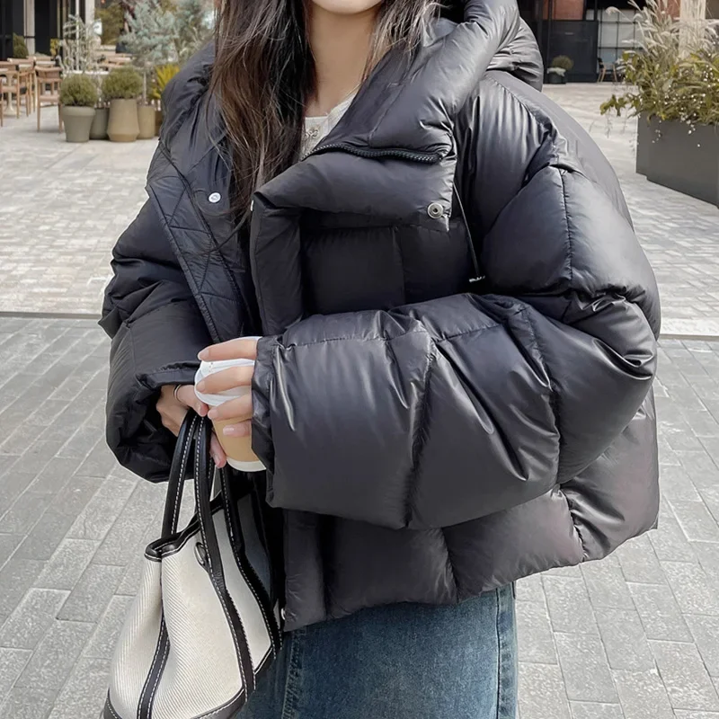 EVNISI Women Mock Neck Hooded Jacket Casual Thicken Warm Solid Cotton-padded Jacket Loose Cotton Coat Women 2024 Autumn Winter