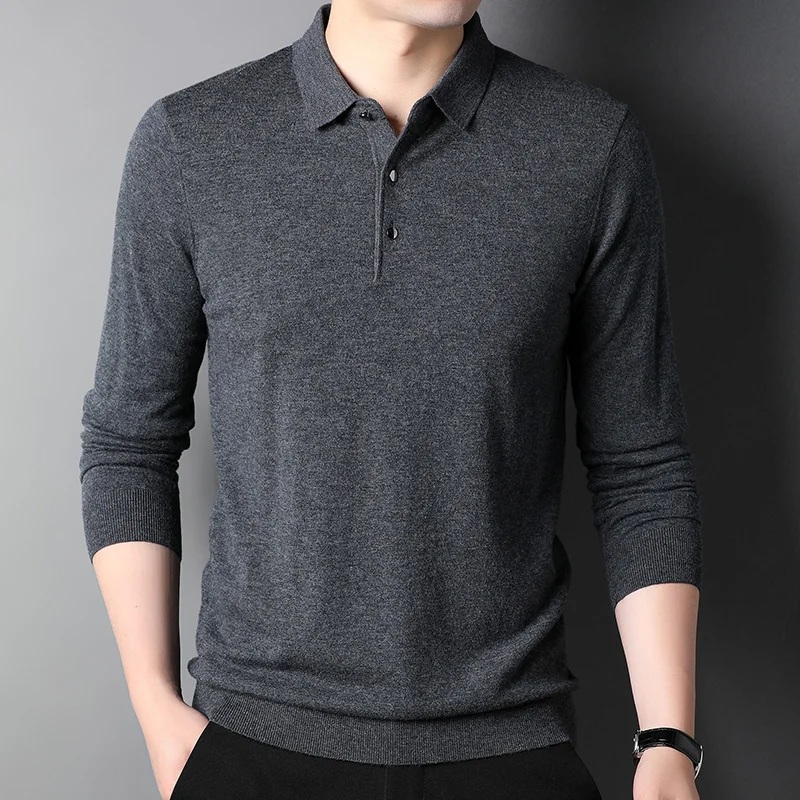 New Turn-down Collar Sweater Casual Men's Polo Neck Knitted 100% Wool Sweater Warm Men's Anti Pilling Sweater High Quality