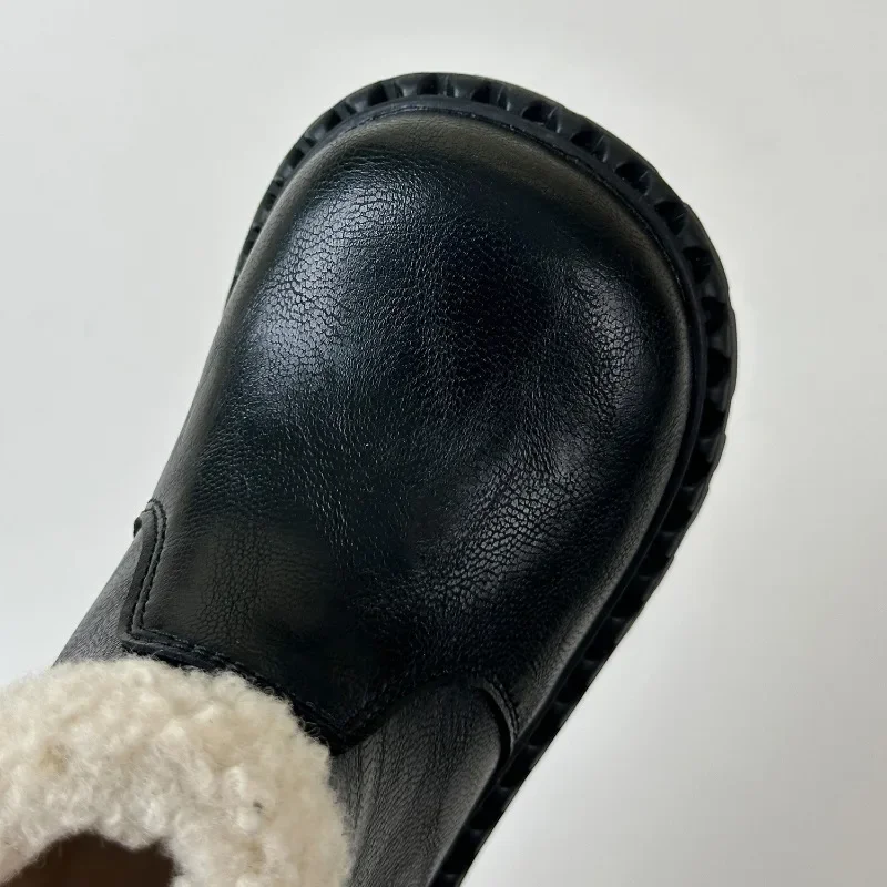 Botas de couro das crianças inverno meninos meninas lado zip pele quente botas curtas crianças da criança estudantes lã manter sapatos de algodão quente