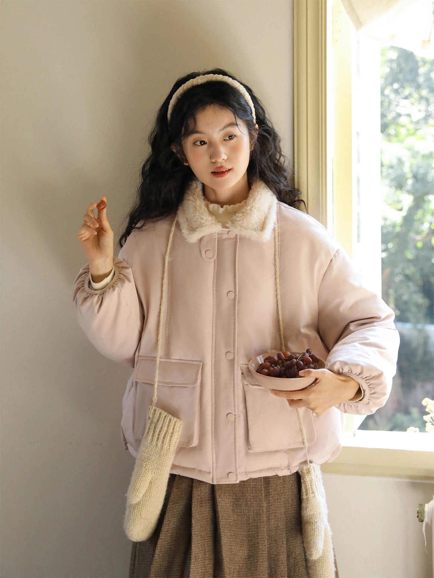 

Nesoulum Women's ort down Jaet New National Stand Pink Contrast Color Fur Collar Vintage Loose Fit Winter Coat