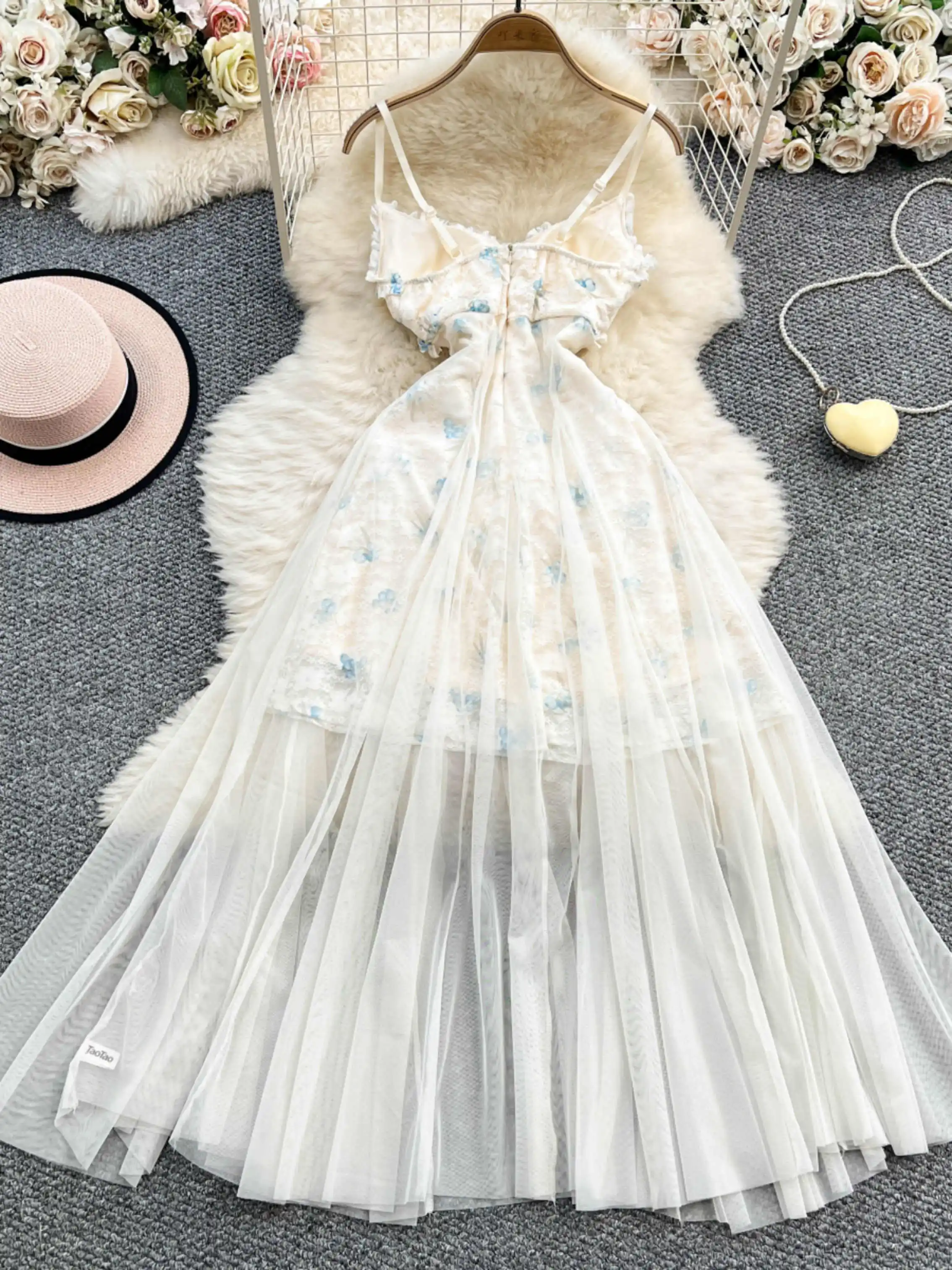 ผู้หญิงดอกไม้พิมพ์ A-Line Sundress Vintage Off ไหล่ตาข่าย Patchwork ลูกไม้ชุดยาว Y2k One Piece Frocks 2000s เสื้อผ้า 2025