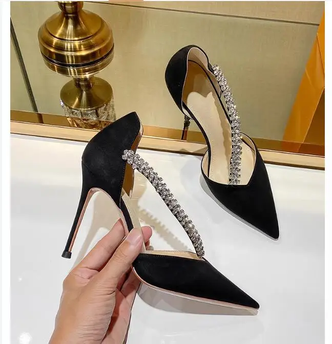 Exquisite Women's Black Rhinestone High Heels, Pointed Sarongs, Banquets, Weddings, nightclubs, Bars