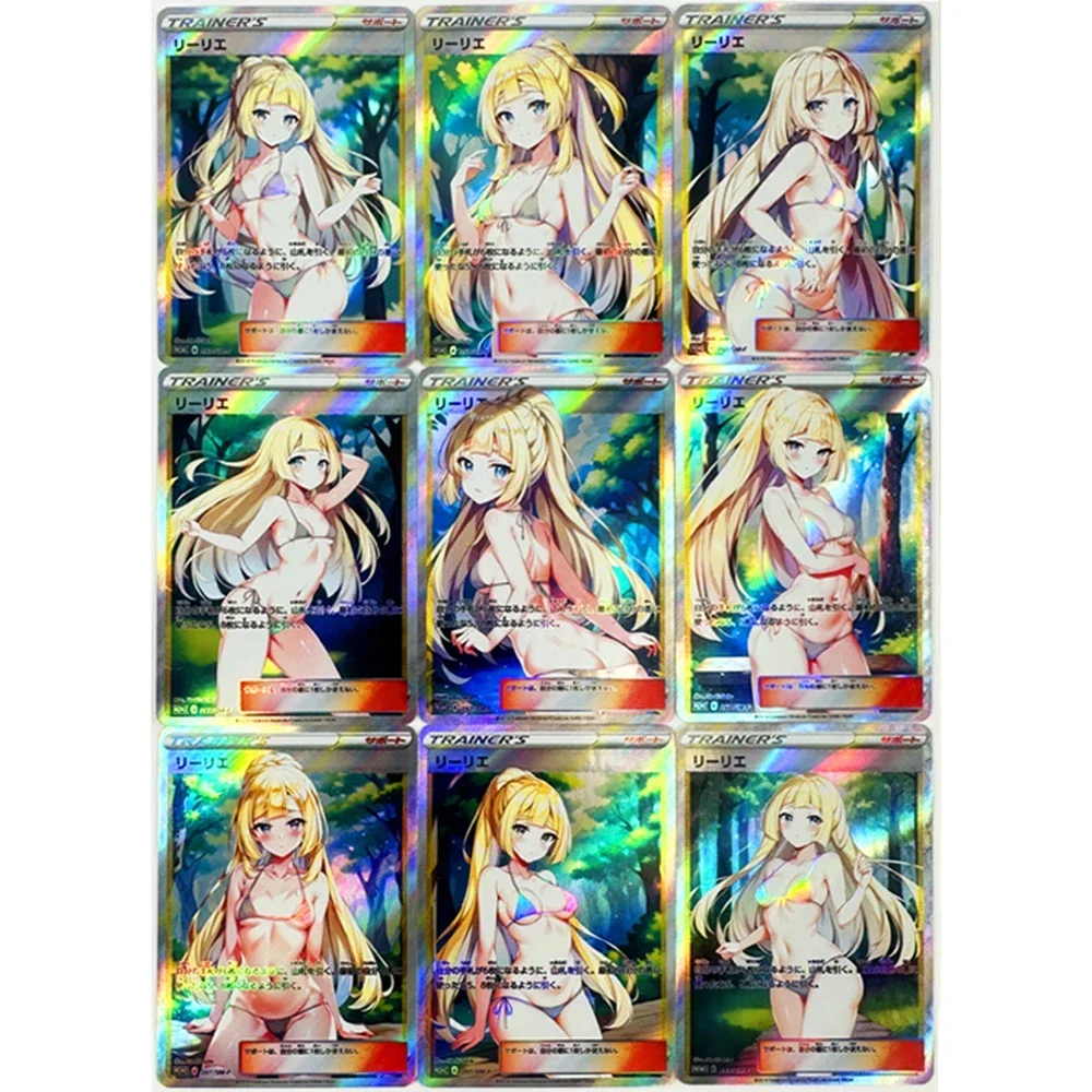 Anime Pokemon DIY ACG Boy juego juguetes tarjetas coleccionables regalos de cumpleaños de Navidad Iono Haruto Aoi Lillie Lusamine Rainbow Flash