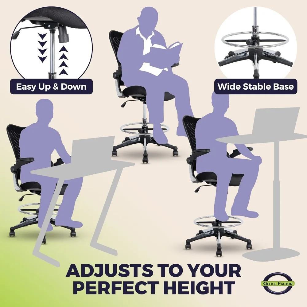 Ergonomic 300-Pound Capacity Drafting Chair with Flip-Up Armrests for Tall Office and Standing Desk Use