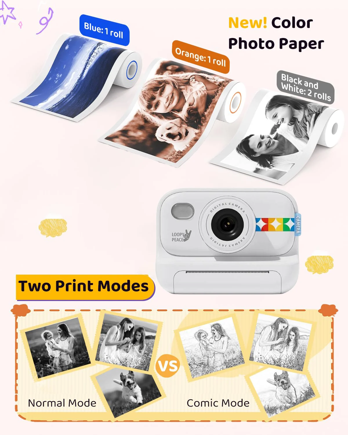 57mm Color Thermal Paper for Kids Camera Portable Printer BPA-Free HD Photo Printing, Instant Color Stickers with Image Quality