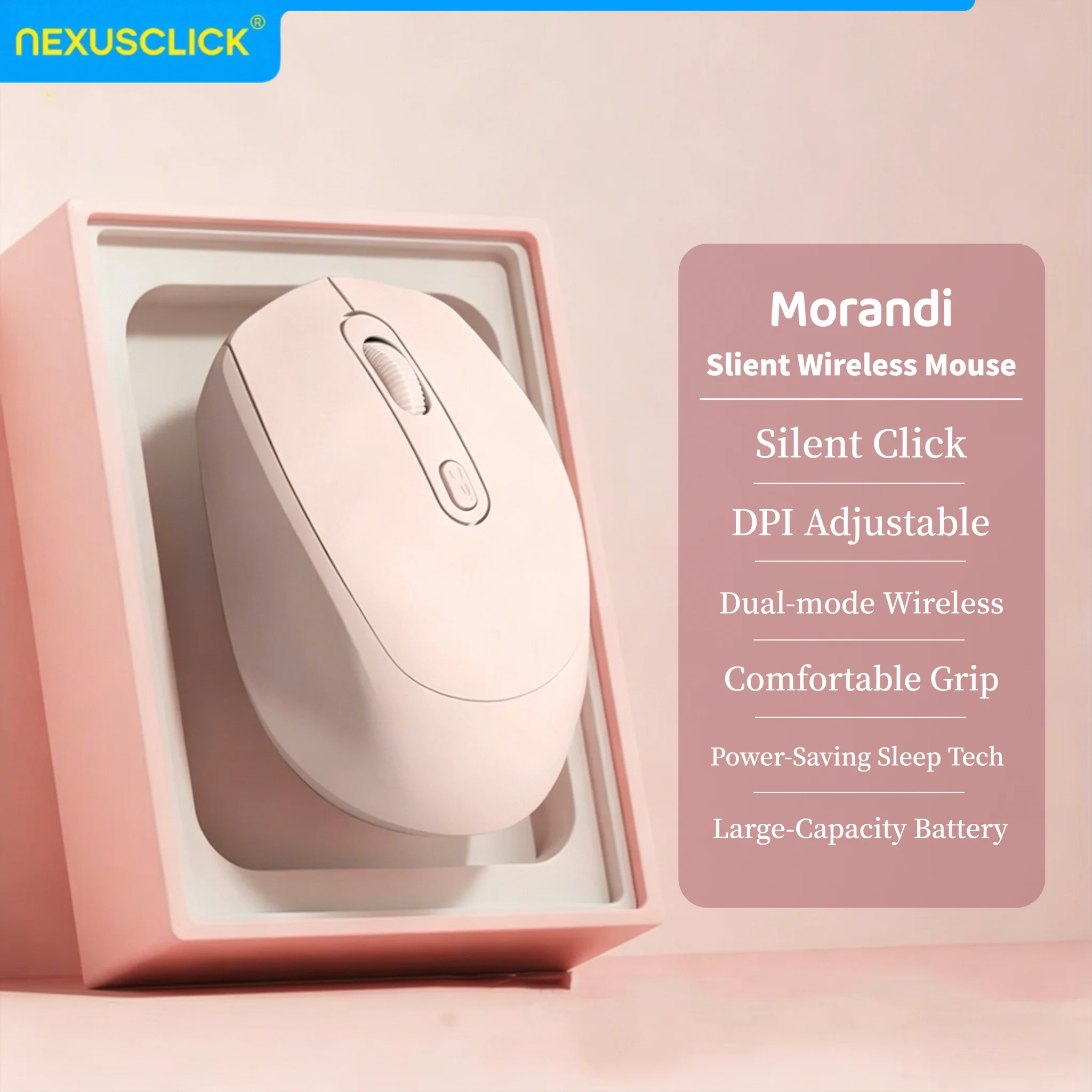 Mouse sem fio silencioso NexusClick Bluetooth 2.4G, mouse de escritório recarregável, mouse ergonômico para jogos, 3 DPI, para laptop, Windows, MacOS