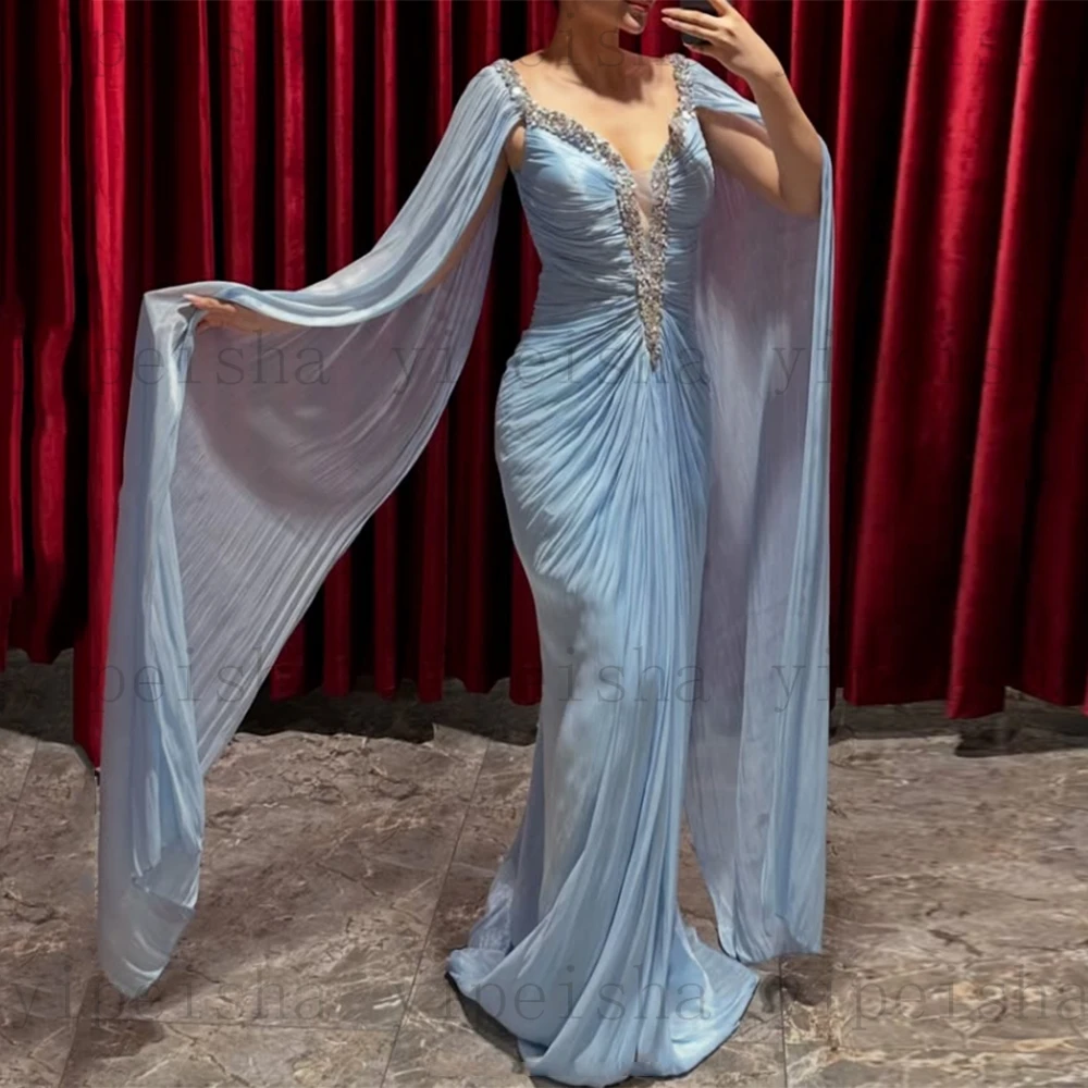 فساتين سهرة رسمية مخصصة على شكل حرف v بدون أكمام مطرزة بالخرز مطوي فستان حفلات طويل بدون ظهر فستان حفلات شيفون حديث