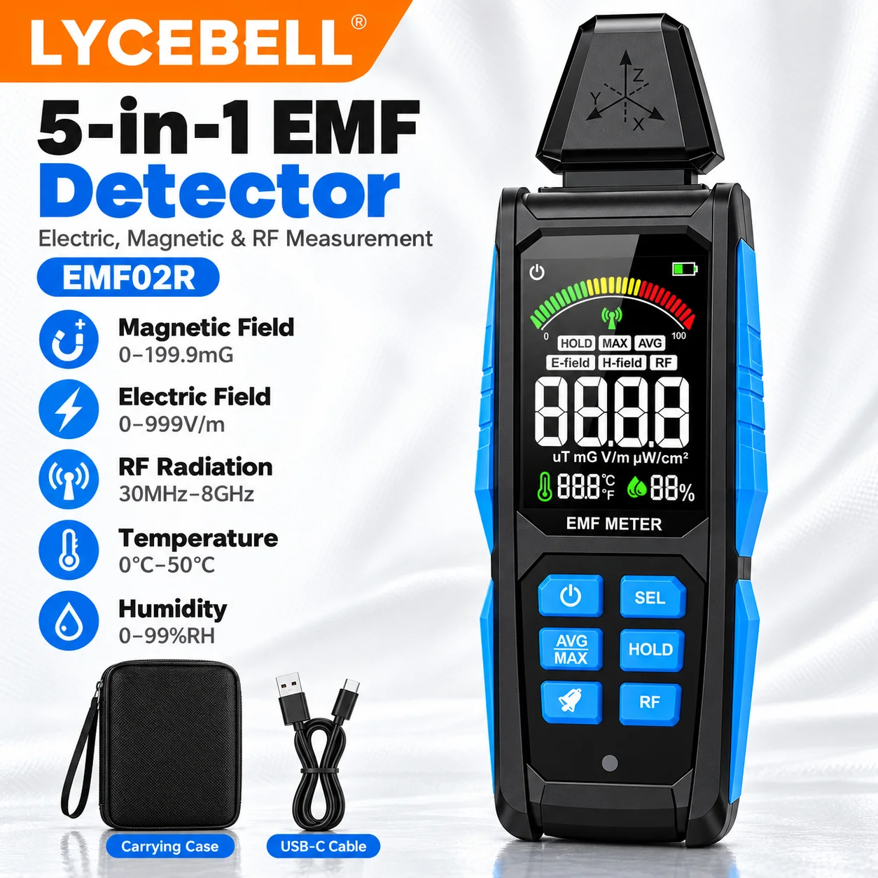 EMF Meter, 5-in-1 Electromagnetic Radiation Detector, RF 30MHz-8GHz, Electric & Magnetic Fields, Temperature & Humidity for Home