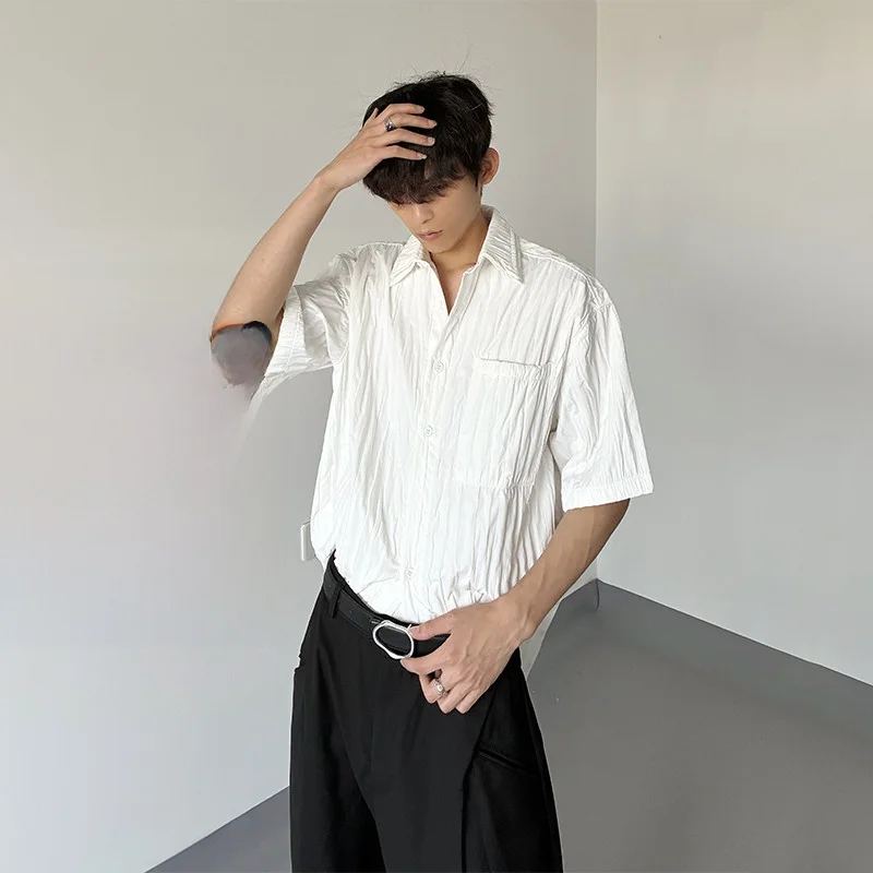 

HANY Men's Short Sleeve Shirt T-Shirt Zipper Collar Pleated Summer Loose Fit Versatile Top Polyester Blend Youth Fashion