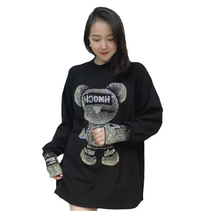 Women Cartoon Bear Hot Diamond T-shirt Loose Long Sleeved Oversized Top T-shirt Thickened Street Harajuku o-Neck T-shirt