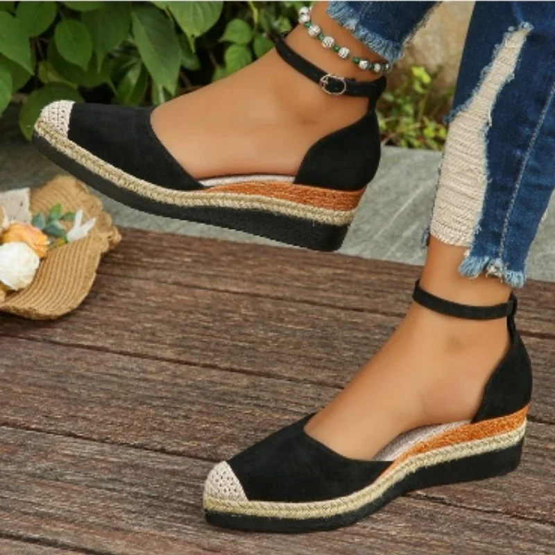 Shoes Female 2024 Hot Sale One-word Buckle Spring Women's Pumps Pointed Toe Solid Flock Platform Wedge Work Casual Pumps Women