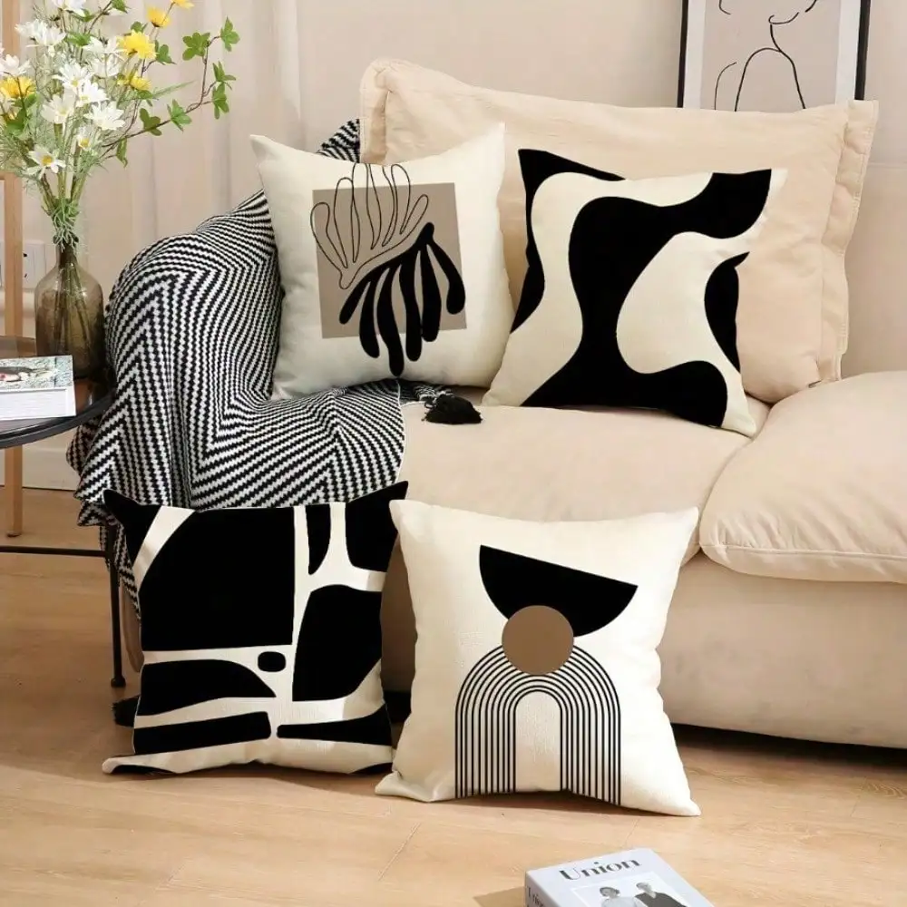 

4pcs 45x45cm Geometric Linen Pillow Covers, Zippered Machine-Washable Sofa Home Decor