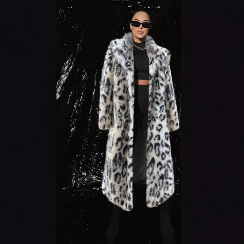 2024 Fashion Leopard Print Jackets Women\'s Winter Coat Mid-Length Suit Collar Thick Warm Long Faux  Fur Coat Fluffy Jacket