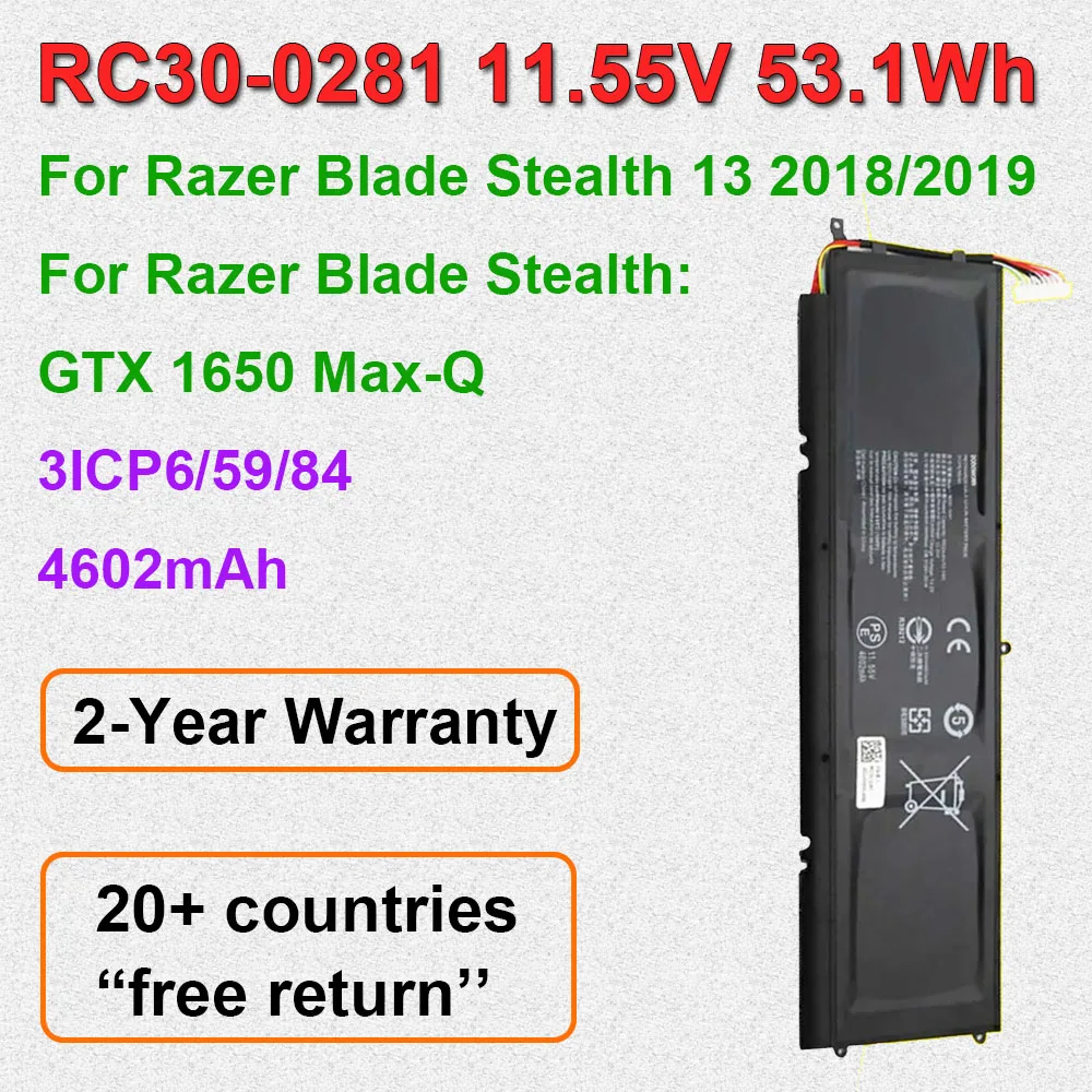 

RC30-0281 For Razer Blade Stealth 13 2018 2019/GTX 1650 Max-Q/ i7-8565U Series Laptop Battery 3ICP6/59/84 11.55V 53.1Wh 4602mAh