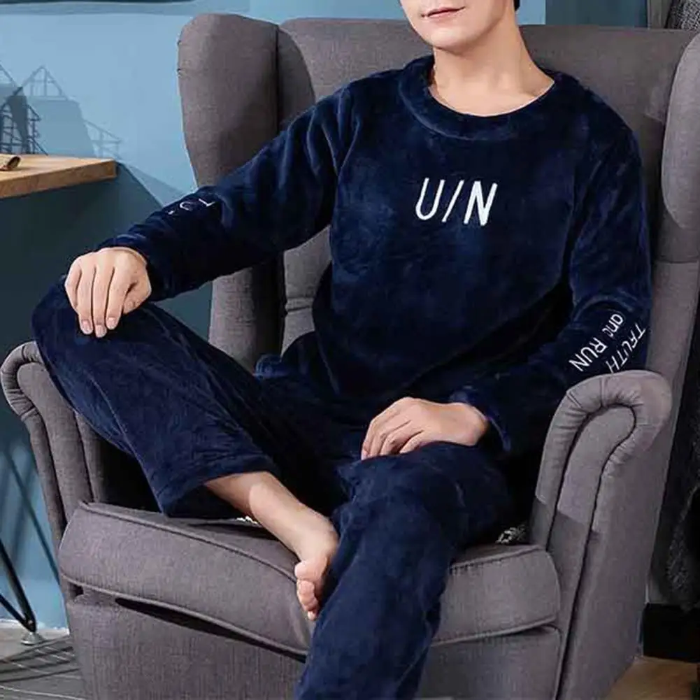 2024 Men Winter Pajamas Set Autumn Winter New Coral Fleece Round Neck Long Sleeve Lounge Sets Pajamas Home Suit Plush Loungewear