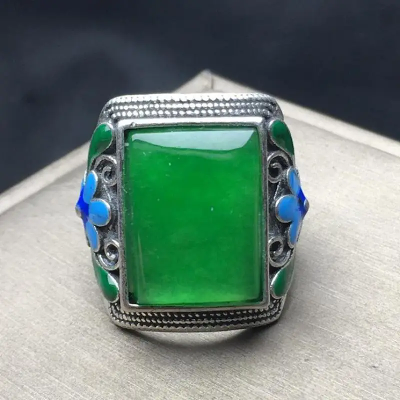 Natural Green Jade Rectangular Ring Men Women Fine Jewelry High Ice Grade A Myanmar Jadeite Cloisonne Enamel Square Jades Rings