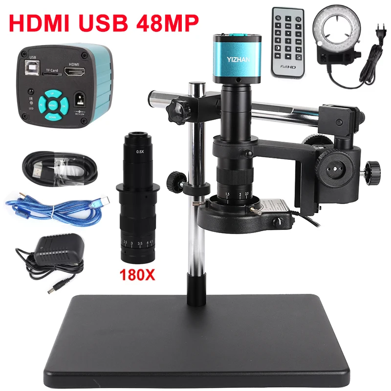 4K 48MP HDMI USB Industrial Digital Video Microscope Camera 1-180X Continuous zoom C-Mount Parfocal Lens For PCB Soldering Phone