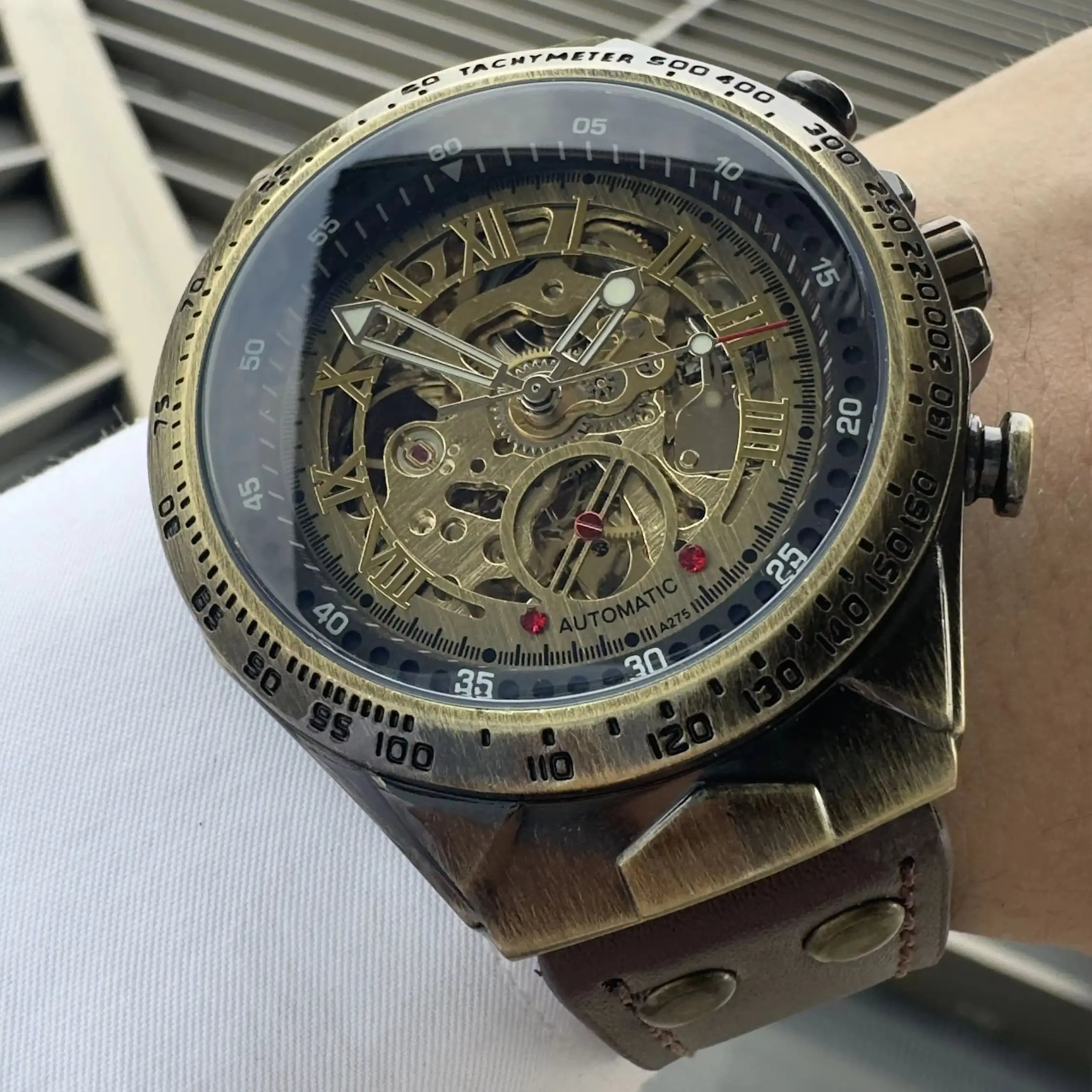 

Classic Retro Skeleton Mechanical Watch for Men Bronze Skeleton Automatic Mechanical Watches Leather Strap Business Wristwatches