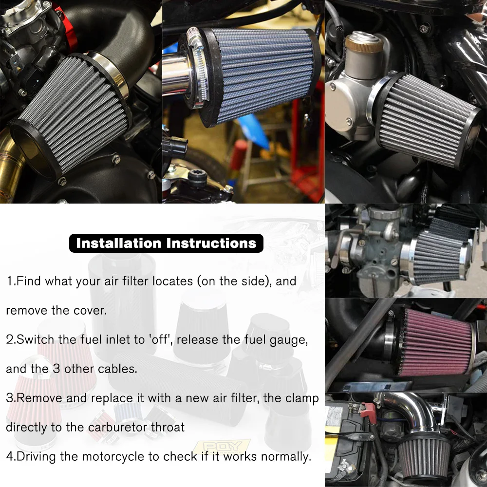 VR - Motorcycle Air Filter 60mm 55mm 54mm 51mm 50mm Universal for Motor Car Minibike Cold Air Intake High Flow Cone Filter