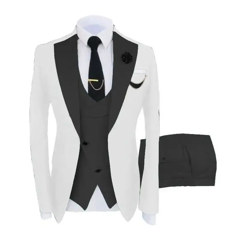 

Men Suits White Black 3 Piece With Lapel Business Casual For Wedding Groom Banquet Work Tuxedo White Jacket Vest With Pants