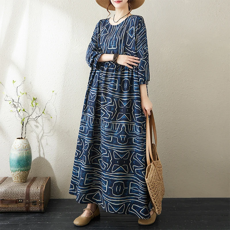 

Elegant Cotton Linen Print round Neck Loose plus Size Women's Dress Long Sleeve Casual Artistic Style Autumn Fashion for Ladies