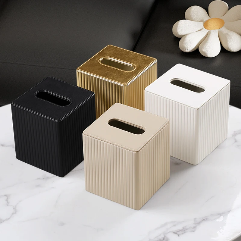 

Square Striped Leather Tissue Box | Minimalist Luxury Napkin Holder | Hotel Restaurant Tissue Dispenser Bedroom & Home