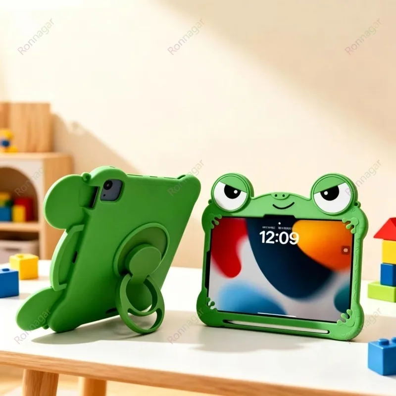 For IPad A16 11th Air11 M4 M3 Mini6 7 Pro 11 9 8 7th Generation 10.2 10.9 Tablet Case 3D Cartoon Frog Bracket Soft Silicone Case