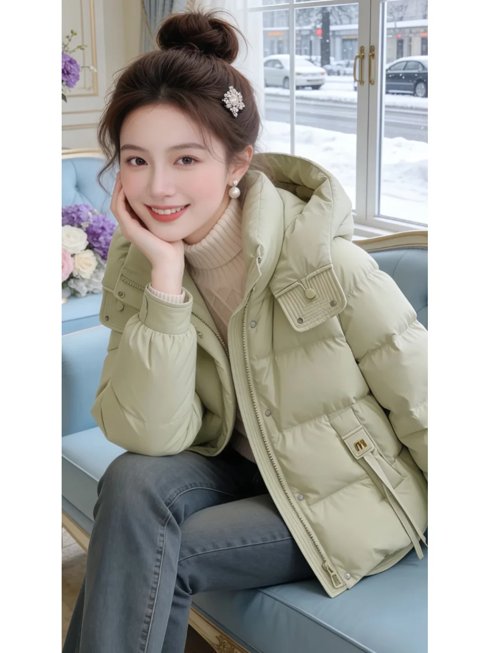 

Sli ort Puffer Jaet Women's Cotton Coat Bread Sle Unique Winter Outerwear Korean Loose Fit Thiened Zipper Closure