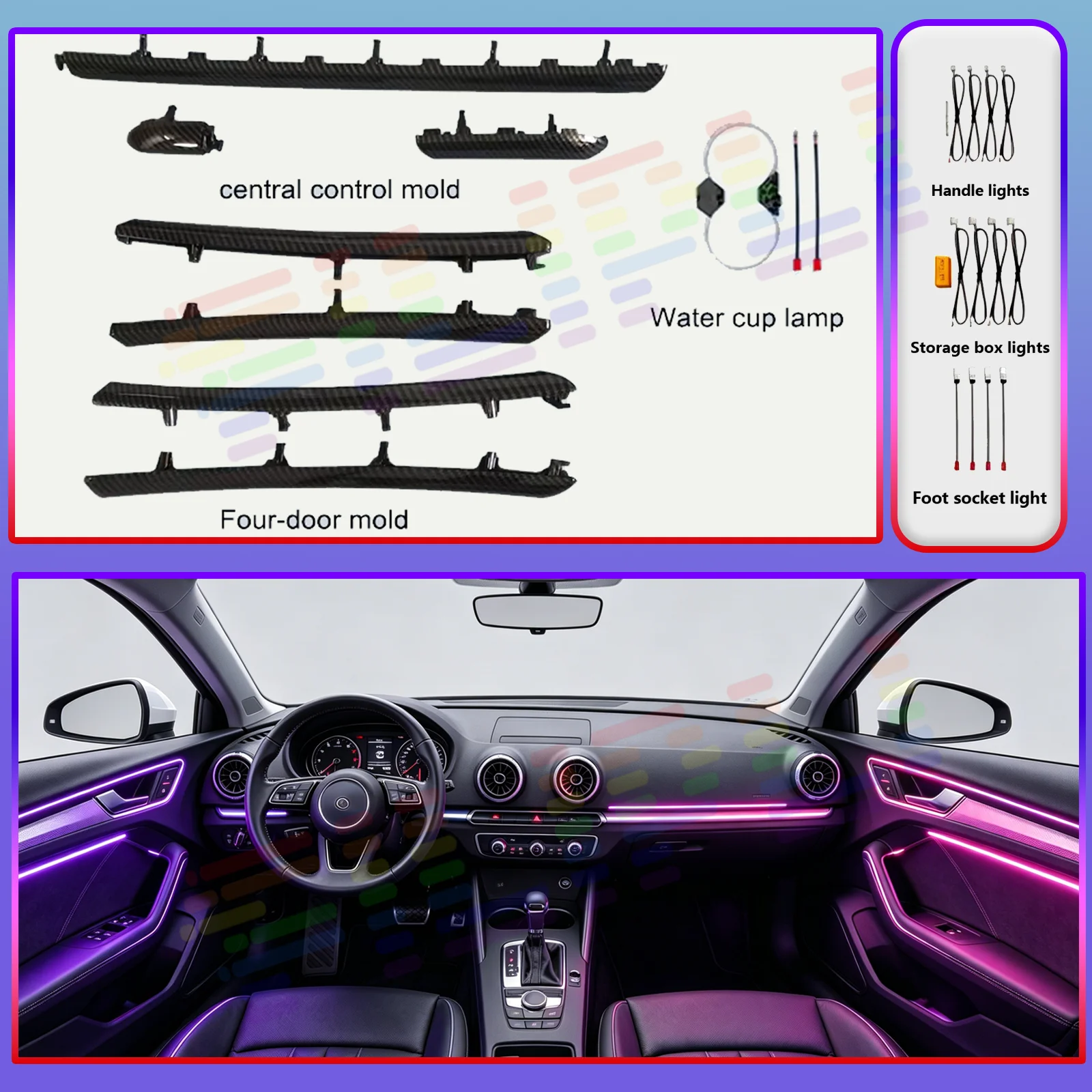 Dekorative Armaturenbrettbeleuchtung für Audi A3 8V 2013-2019, Ambientebeleuchtung, Lüftungsöffnungen mit LED-Atmosphärenlampe, beleuchtete LED-Streifen