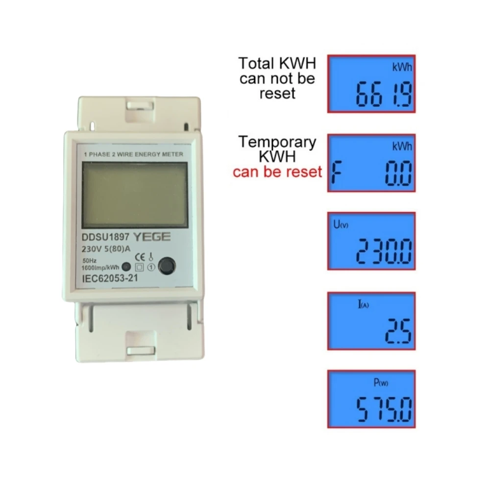 Single Phase LCD Digital Energy Meter Reset Zero kWh Voltage Current Power Consumption Counter Electric Wattmeter 220V Din Rail