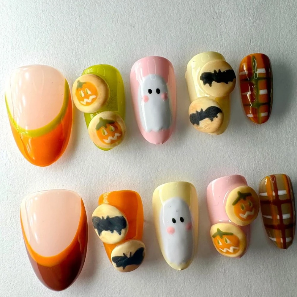 10Pcs Handmade Press On Nails Halloween Carnival French 3D Short Oval Fake Nails Cute Design Art  DIY Nails with Set