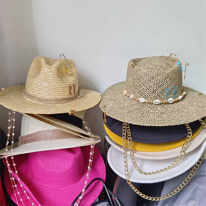 White straw hat pearl chain DIY flat top sun hat new Korean elastic ribbon hat beach hat candy color sun hat