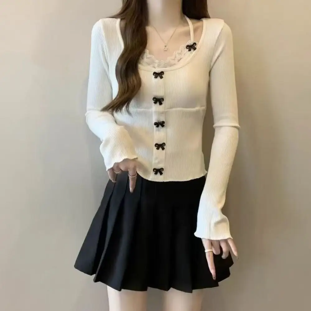 Lace Tied Up Long Sleeved T Shirts Thin Strap Korean Style Y2k Slim Neck Hanging Tank Top Suspender Bras Slim Fit