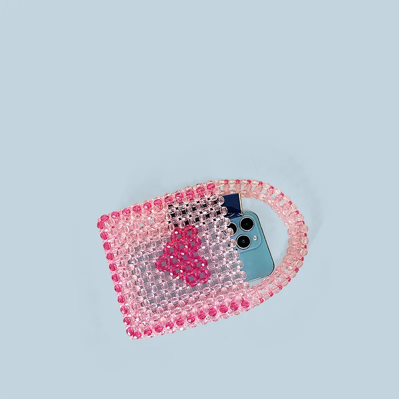 New Winter Heartbeat Handmade Bead Bag with Multi Color Love Pattern Crystal Powder Handheld Open Small Square Bag