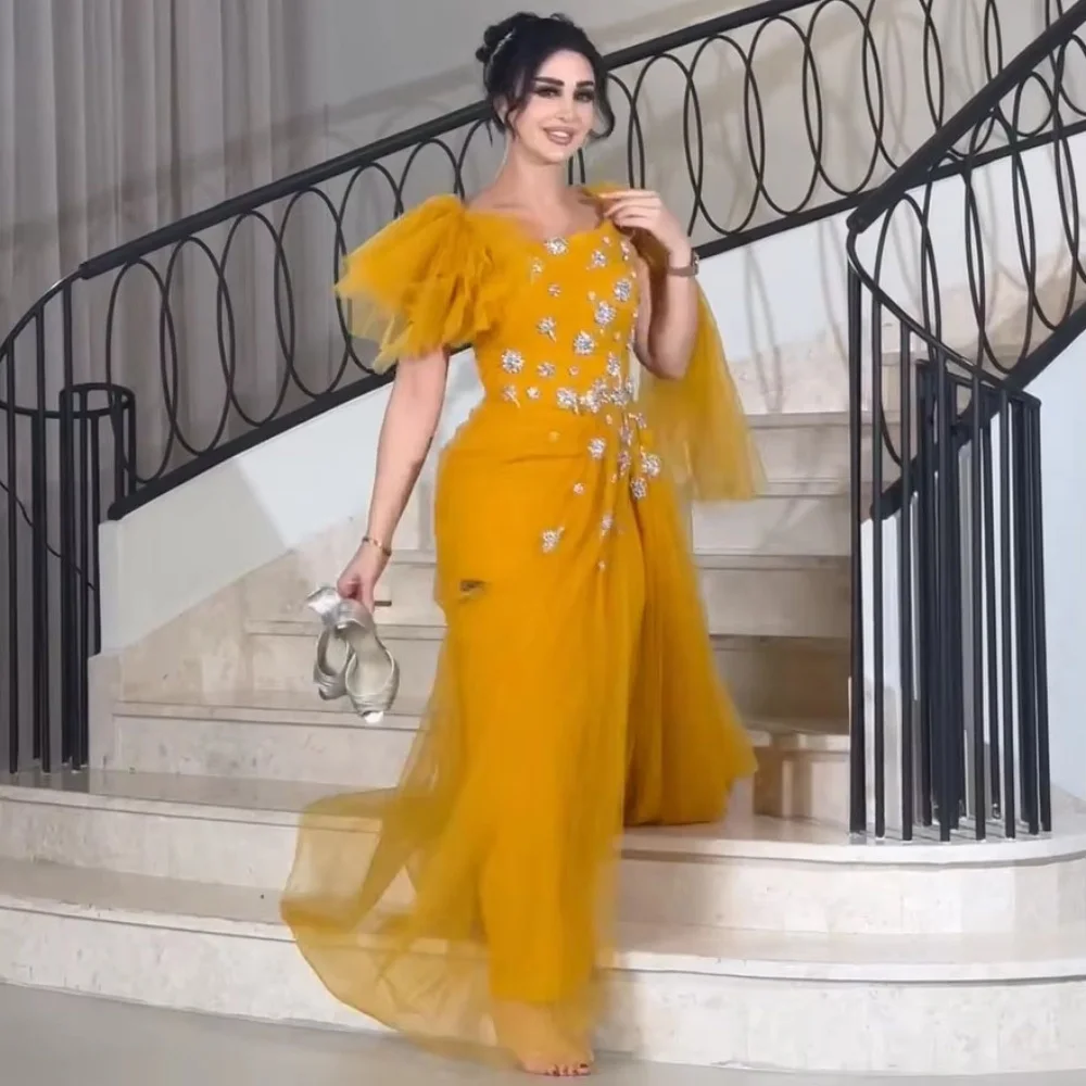 

Customized O-neck Evening Dress Satin Gorgeous Short Sleeve Prom Dresses Beading Formal Occasion Zipper Party Gown Robe Soiree