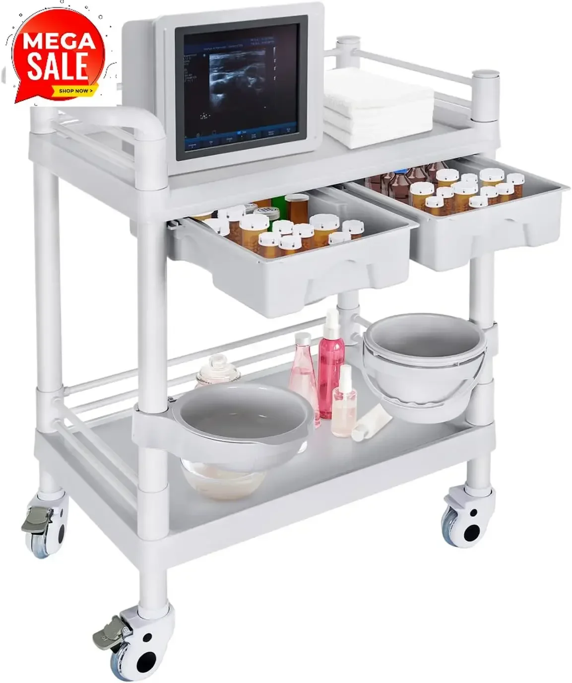 

Medical Mobile Trolley Cart 2-Shelf 220 LBS Max Load Rolling Utility Cart Heavy Duty Beauty Salon Storage Cart with Drawers Dirt